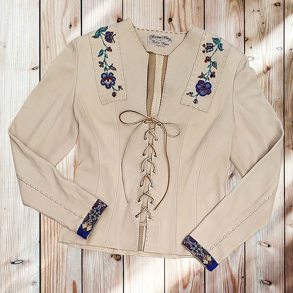 Gossamer Wings By Barbara Grimes Santa Fe Beaded Leather Lace-Up Pullover - Picture 6 of 14